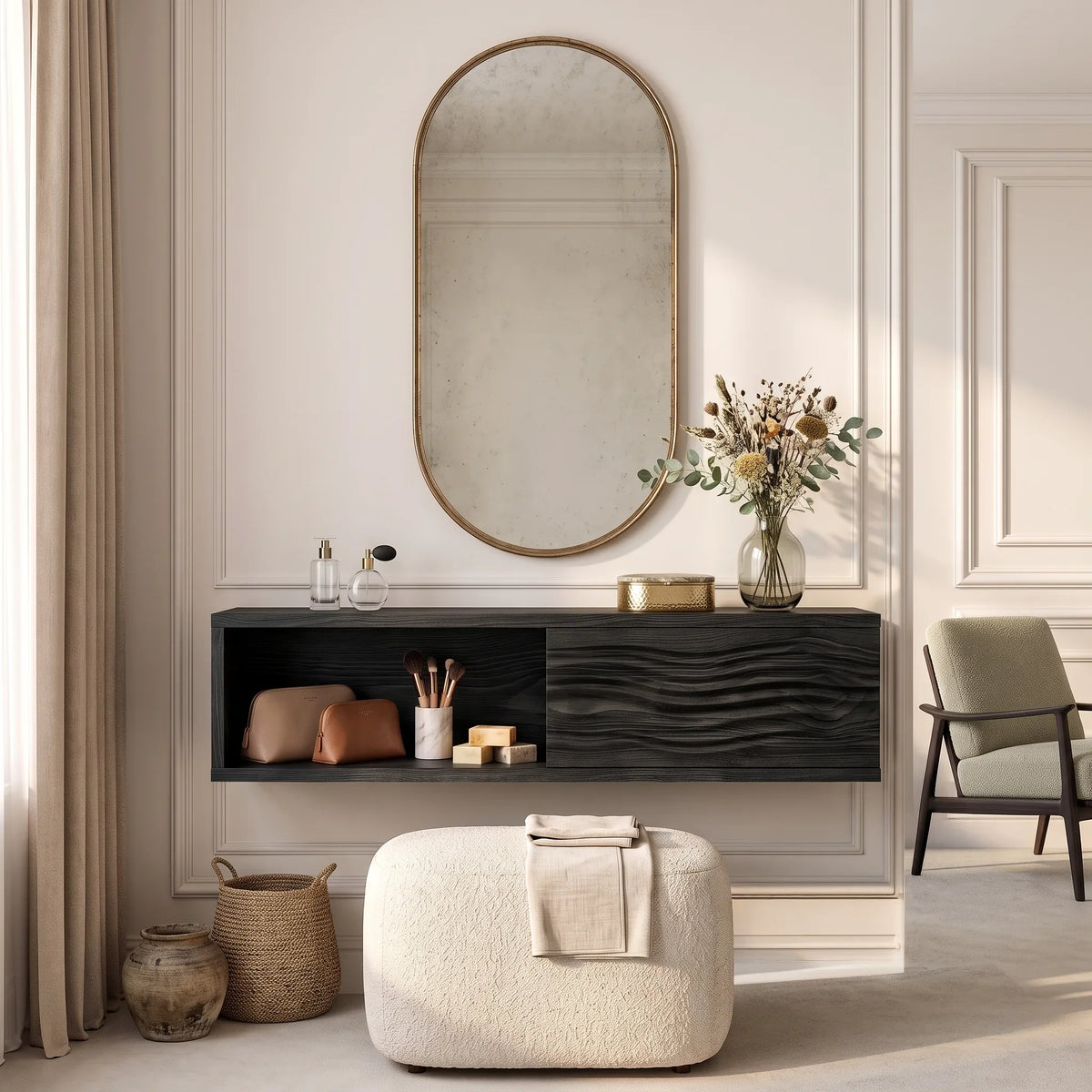 Modern Floating Makeup Vanity Ripple Carved Drawer Front For Bedroom