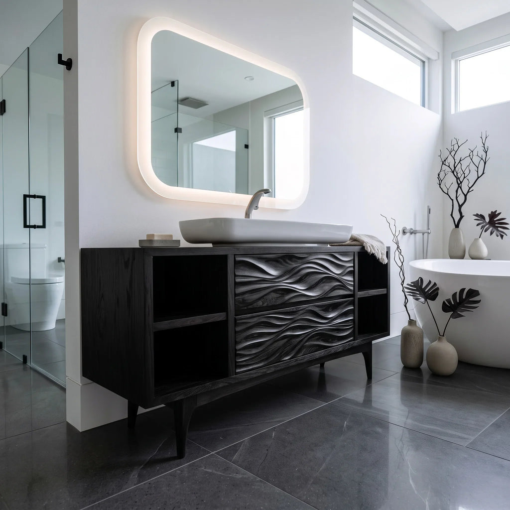 Modern Wave Carved Open Shelf Bathroom Vanity For Master Bathroom