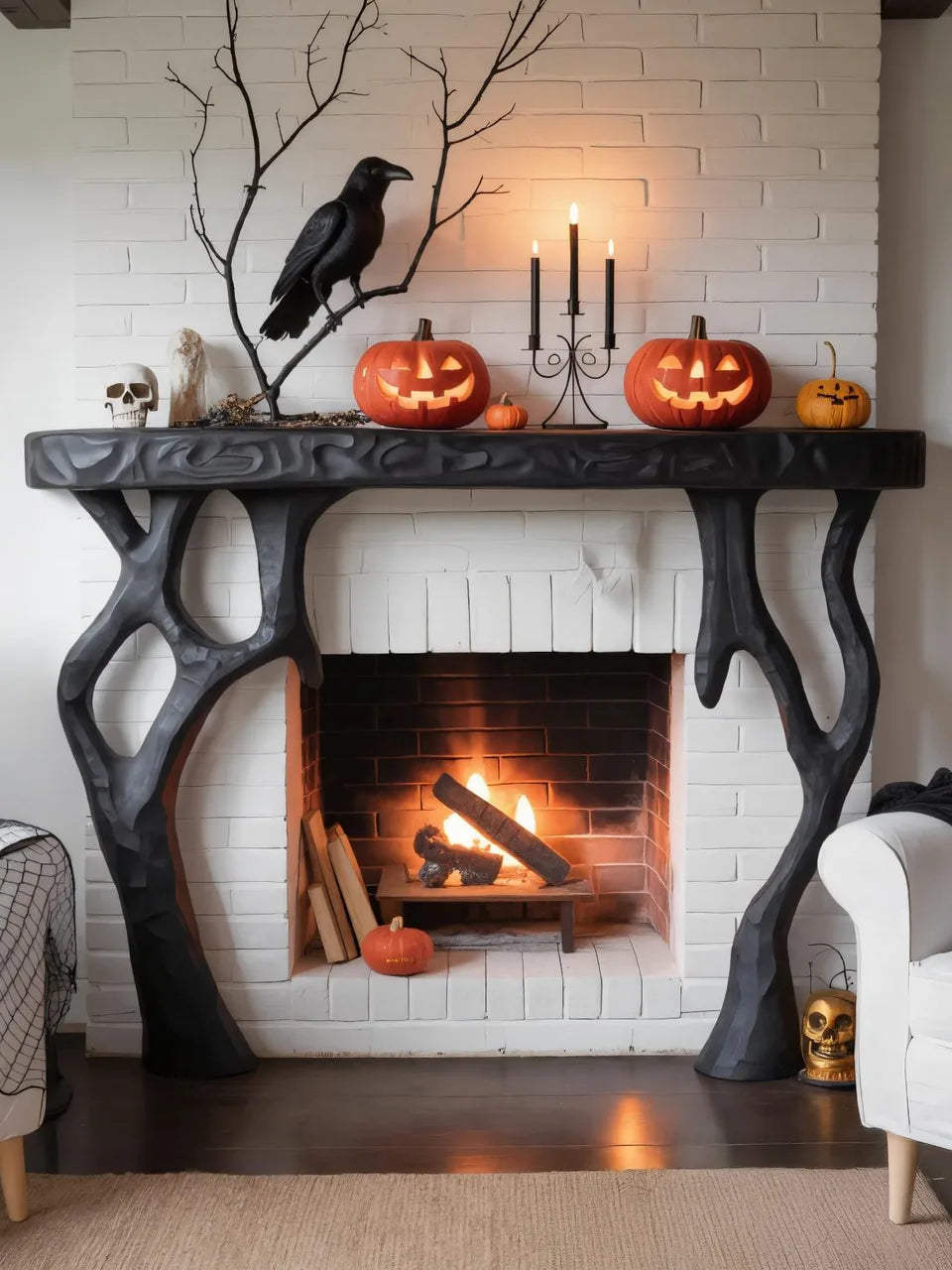 Wooden Halloween Fireplace Mantel With Branch Leg For Festive Decoration