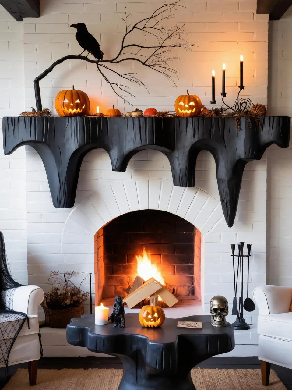 Rustic Black Wooden Halloween Fireplace Mantel With Dripping Edge For Home Decor