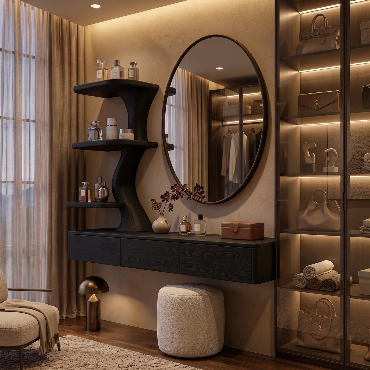 Sculptural Wall Mounted Dressing Table With Floating Drawer For Luxury Bedroom