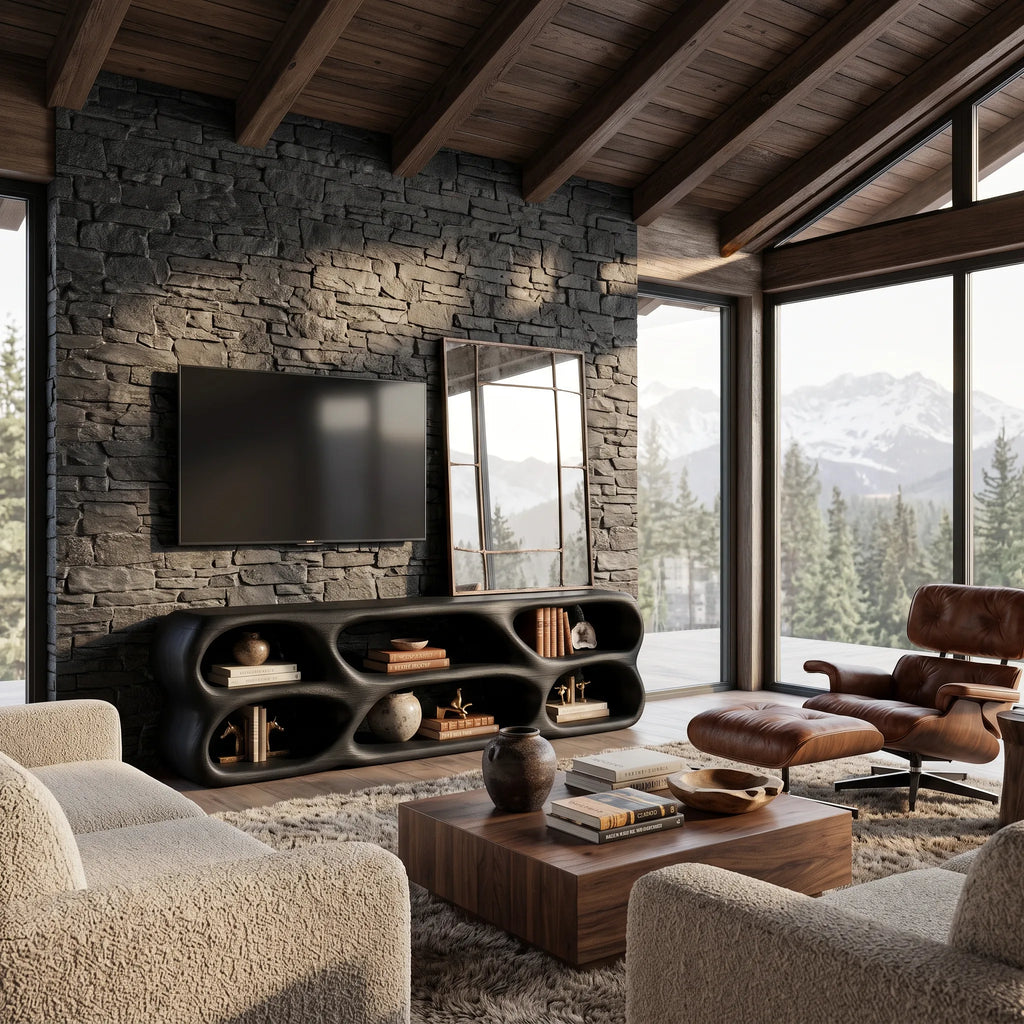 Sculptural TV Stand Rounded Open Shelves For Modern Living Room