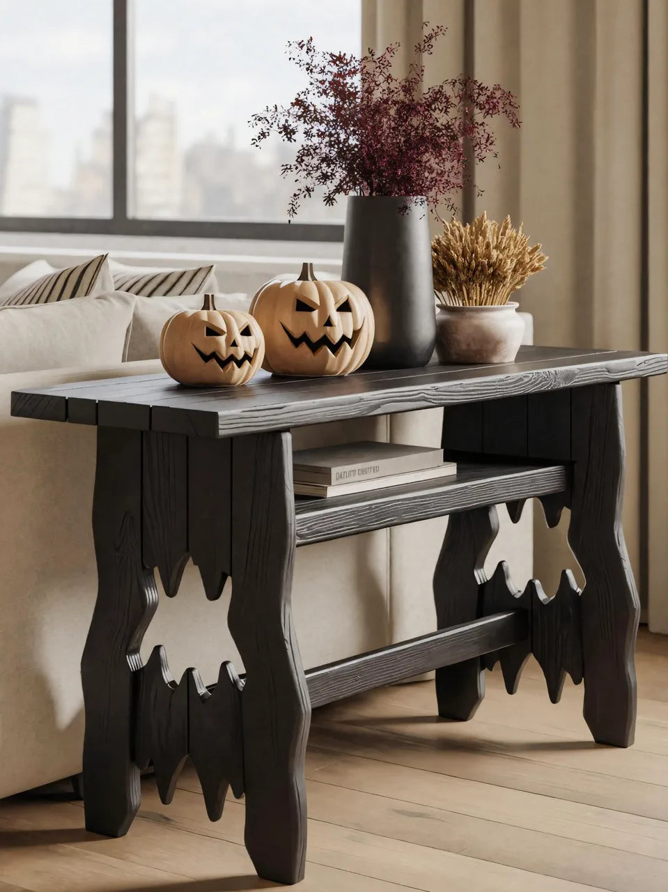 Rustic Black Wooden Console Table For Halloween Entryway Decor