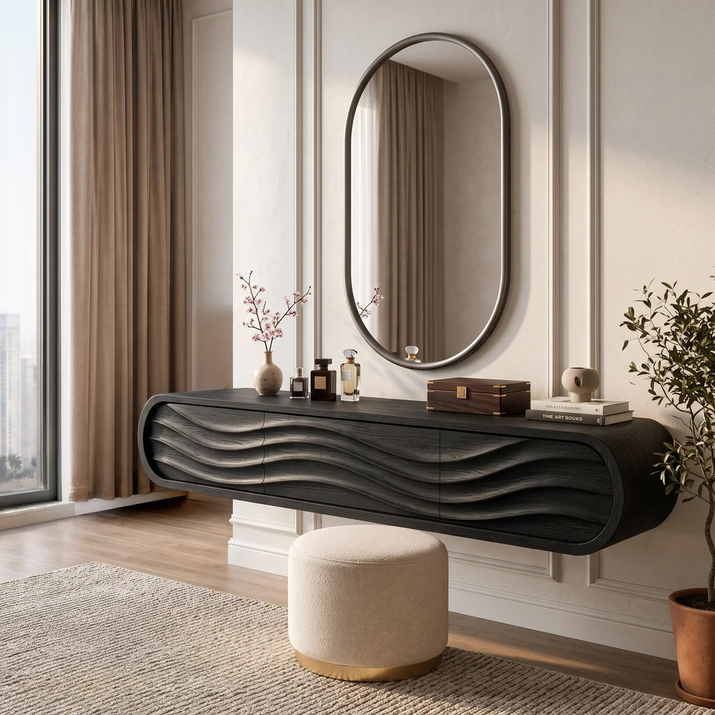 Organic Wall Mounted Makeup Vanity Carved Ribbed Drawers For Bedroom