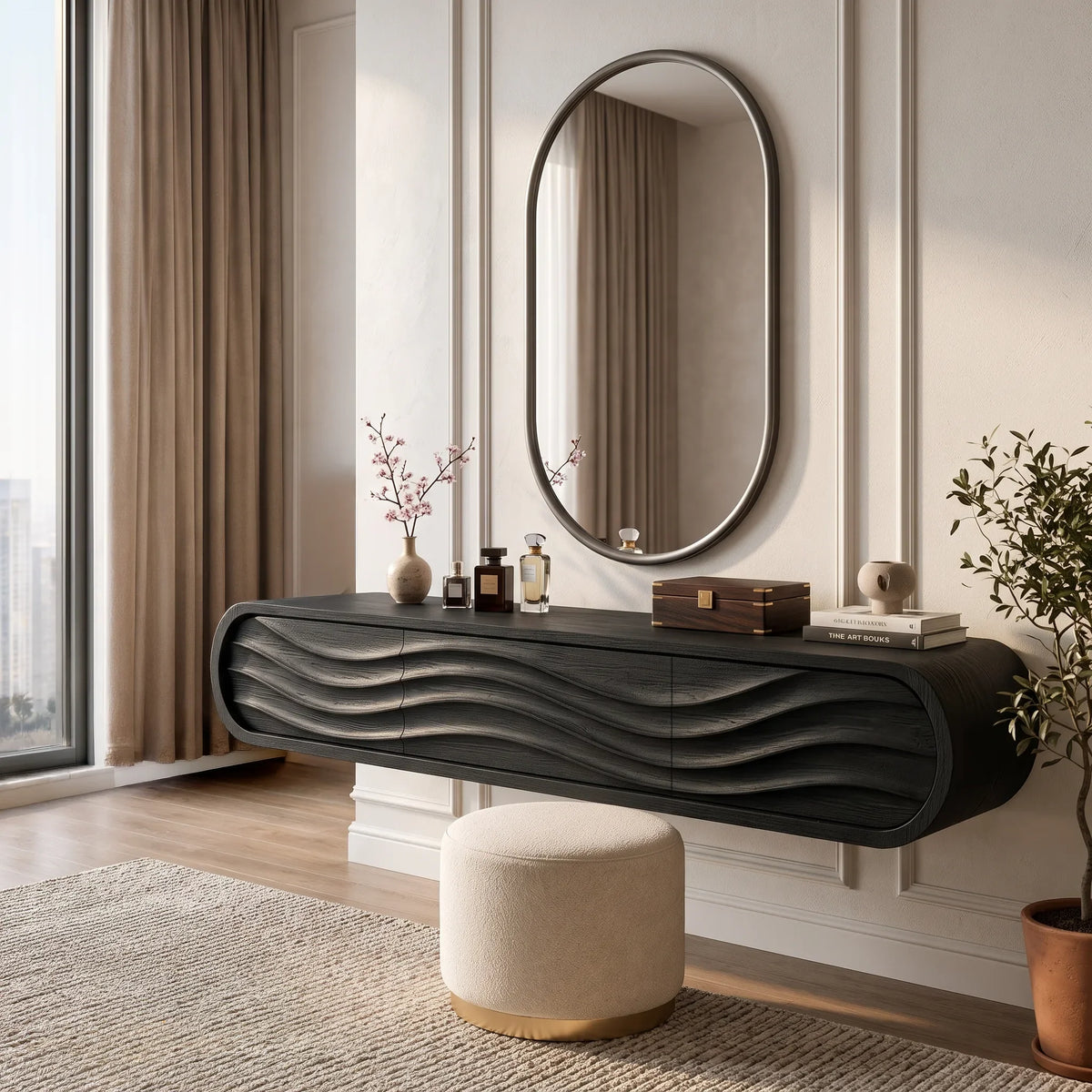 Organic Wall Mounted Makeup Vanity Carved Ribbed Drawers For Bedroom