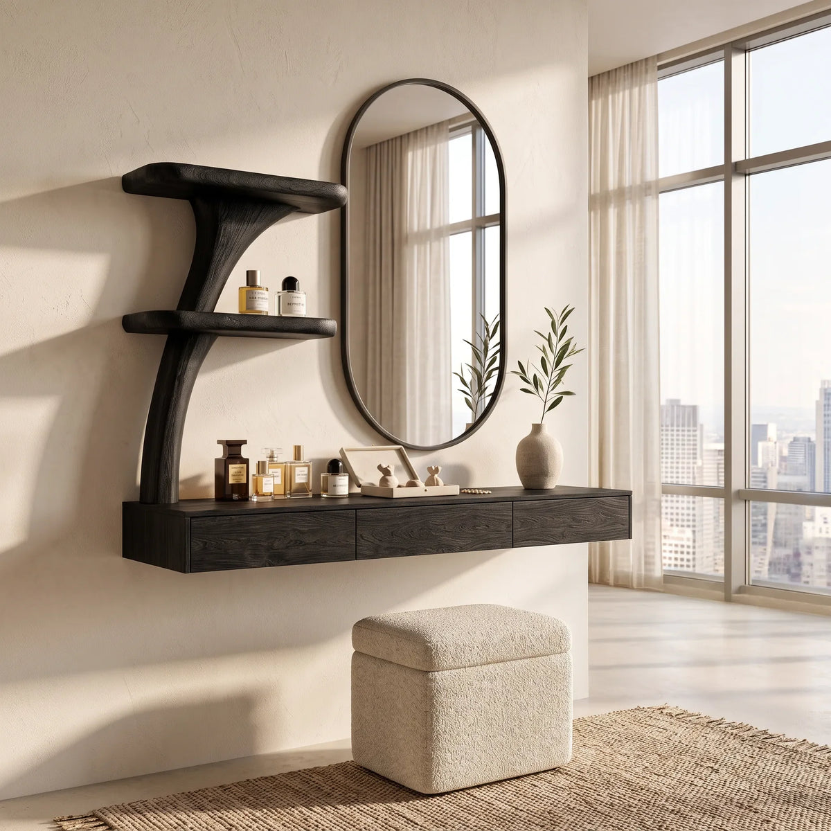 Contemporary Wall Mounted Dressing Table Curved Tree Form Shelving For Bedroom