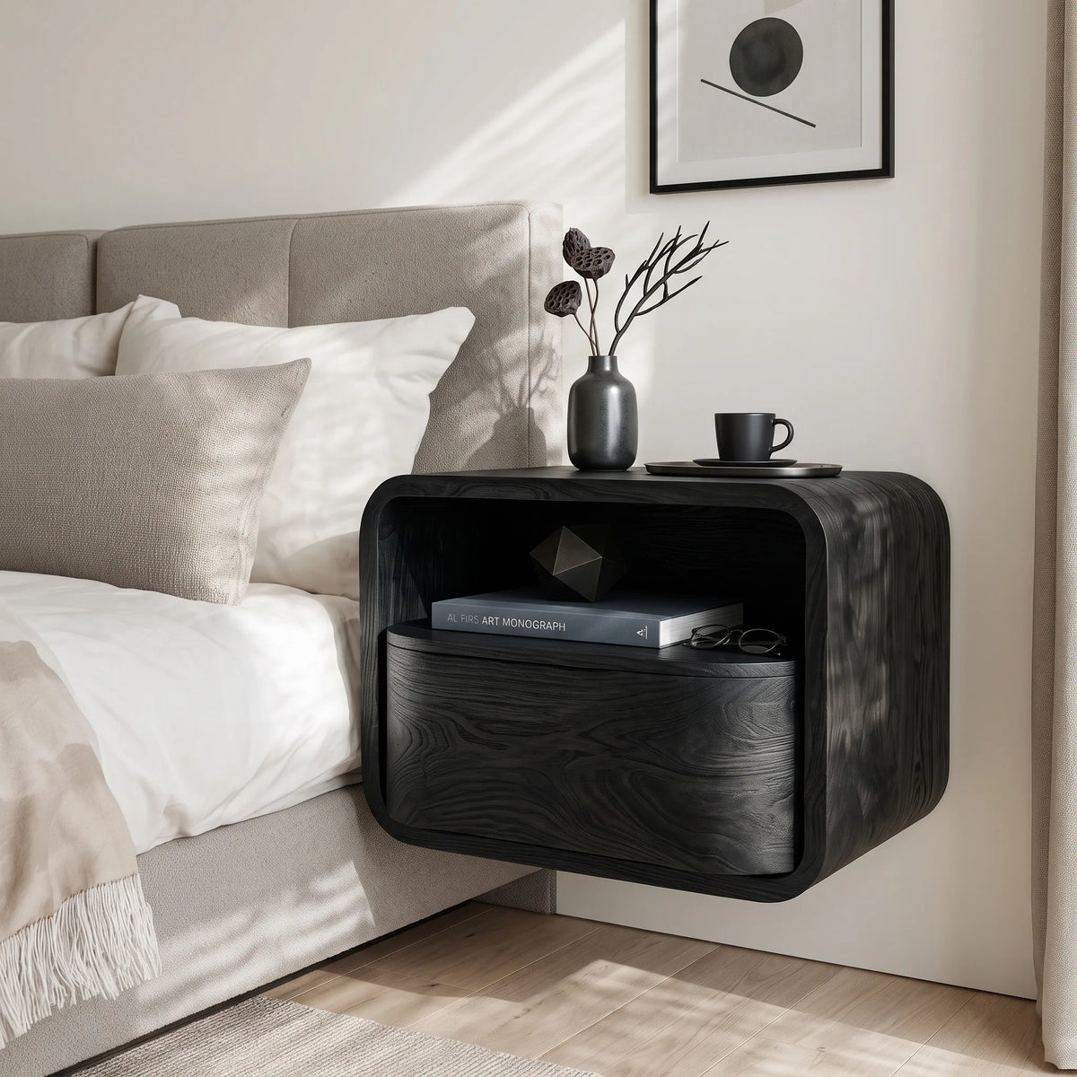Modern Curved Open Shelf Floating Nightstand For Bedroom