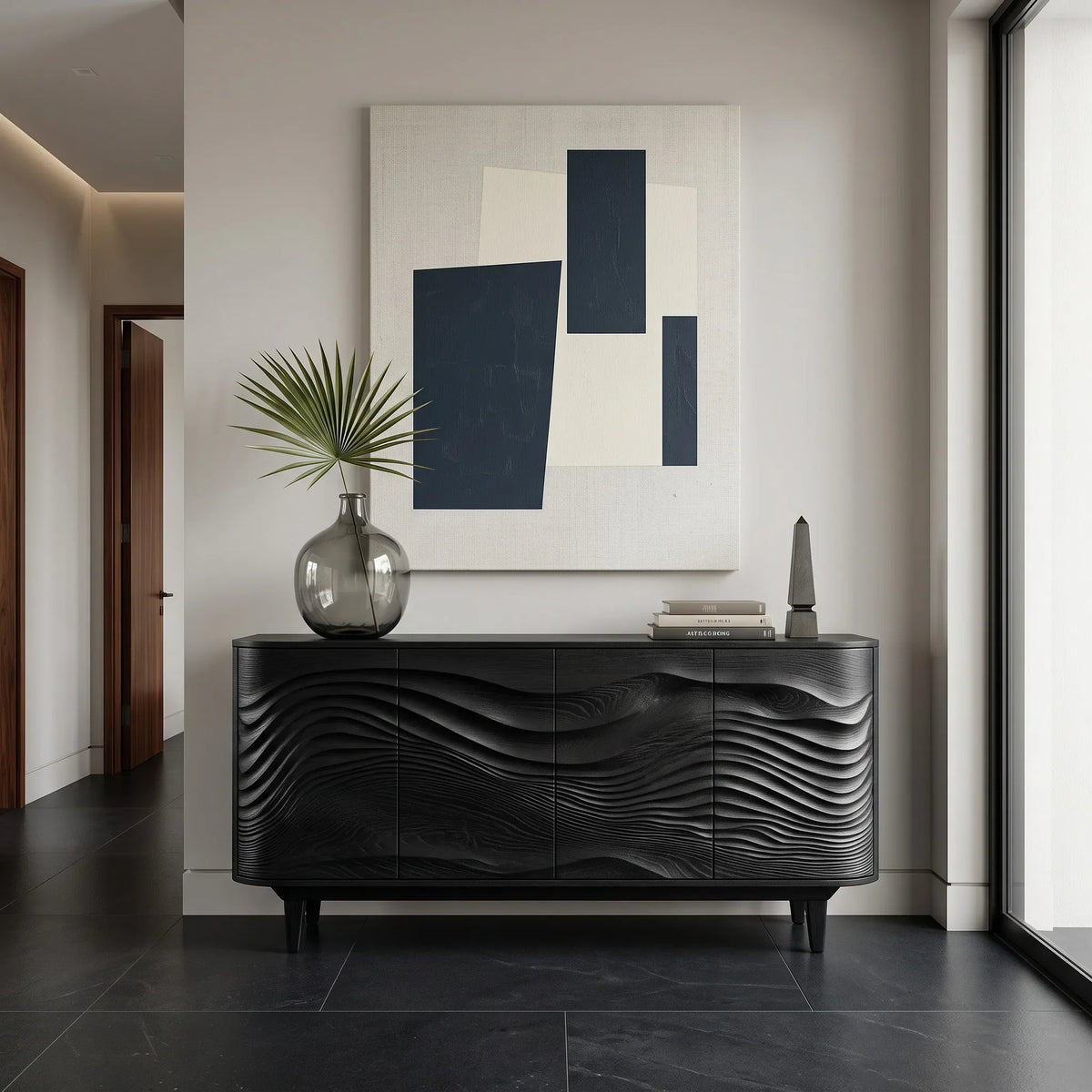 Modern Layered Wave Carved Sideboard For Living Room