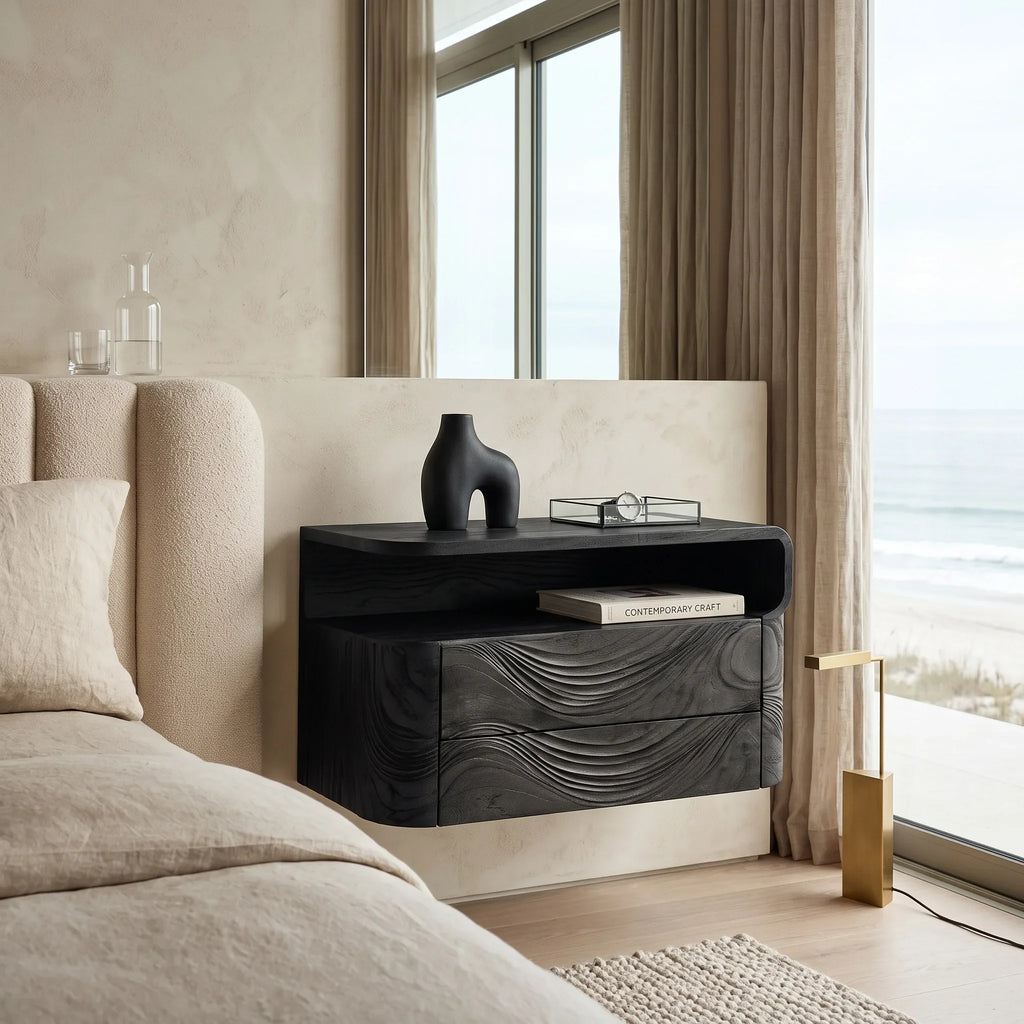 Contemporary Wave Carved Floating Nightstand For Bedroom