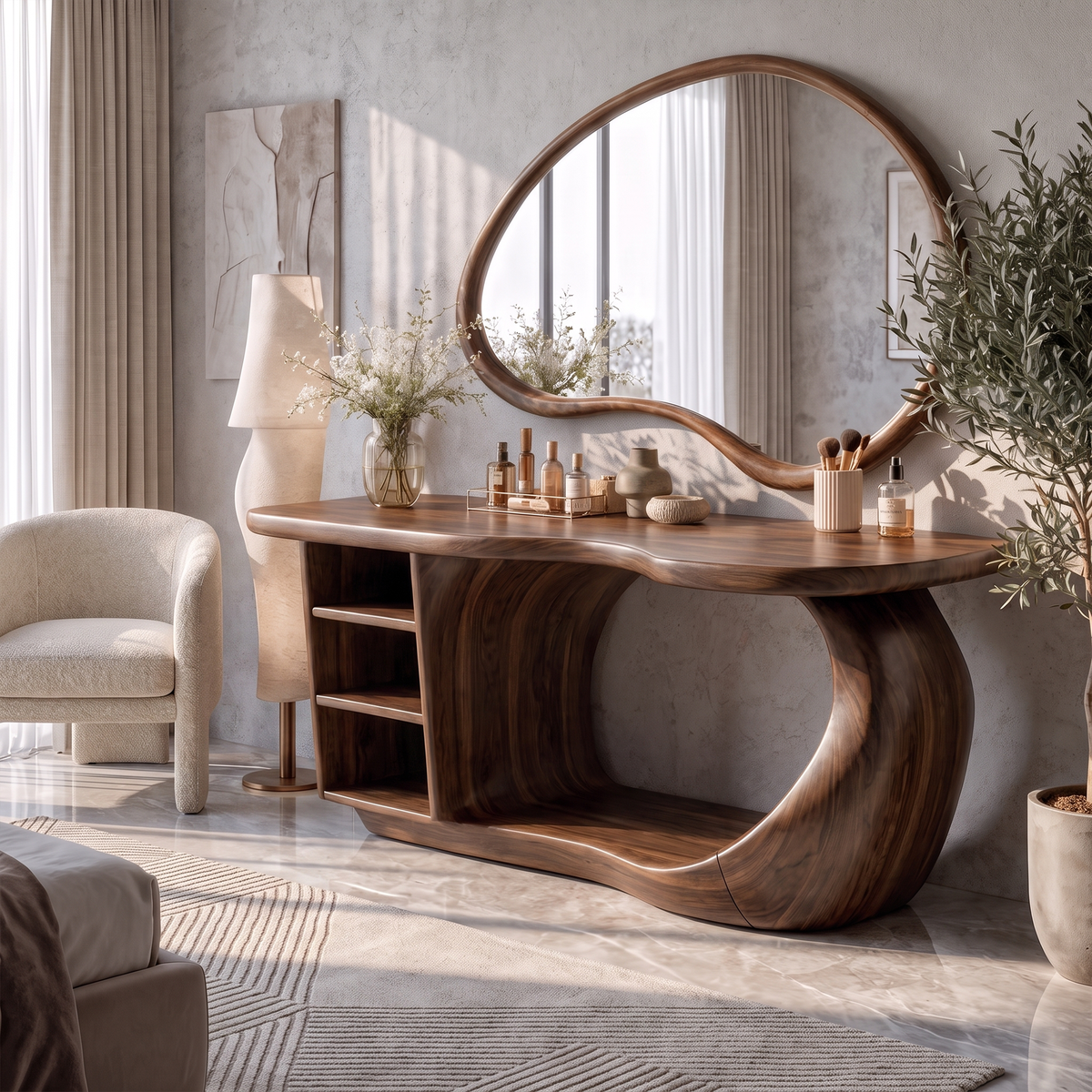 Natural Dressing Table With Sculptural Open Drawer Design For Bedroom And Dressing Room