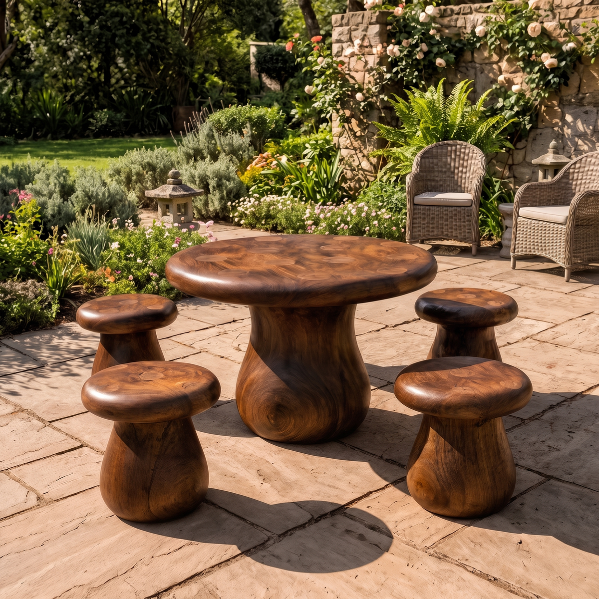 Rustic Round Dining Table With Tree Stump Design For Garden And Patio