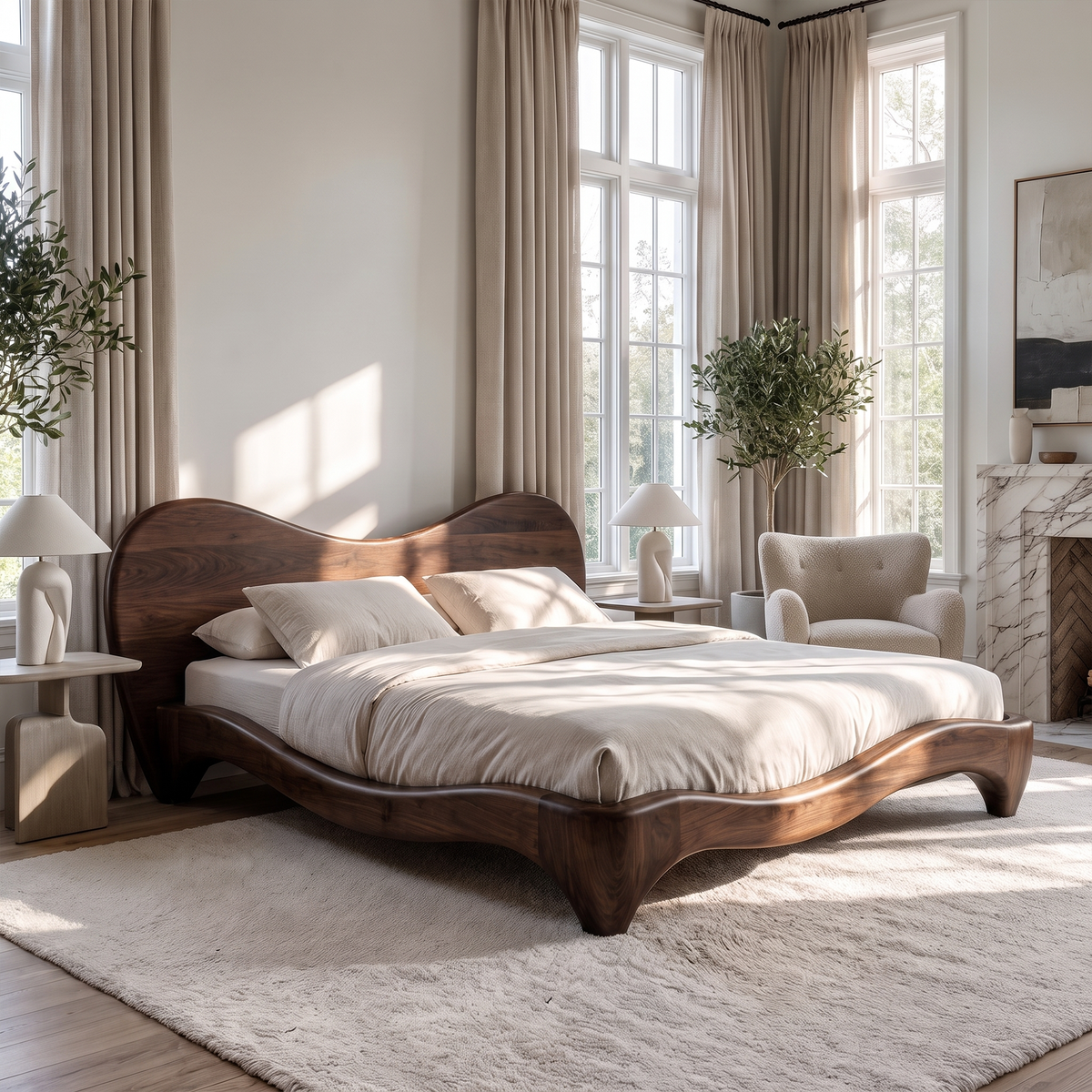 Organic Bed Frame With Sculptural Curved Design For Bedroom