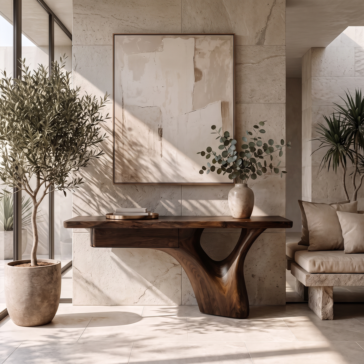 Organic Sculptural Console Table Tree Trunk Base Design For Living Room Entryway