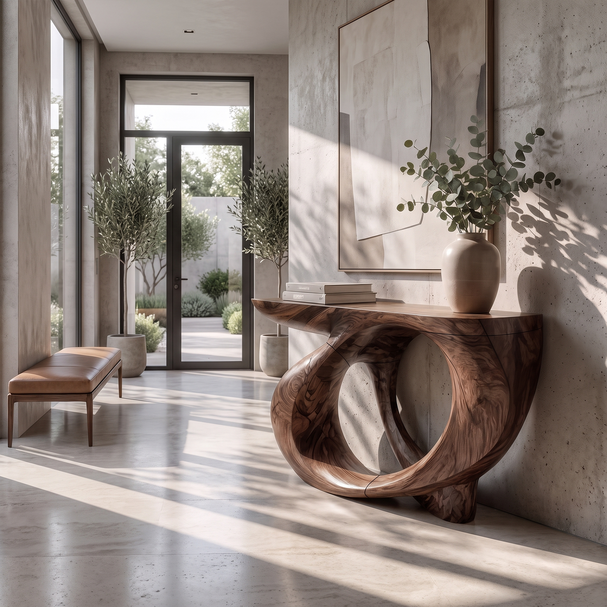 Modern Sculptural Console Table Circular Hollow Base Design For Entryway Foyer Hallway