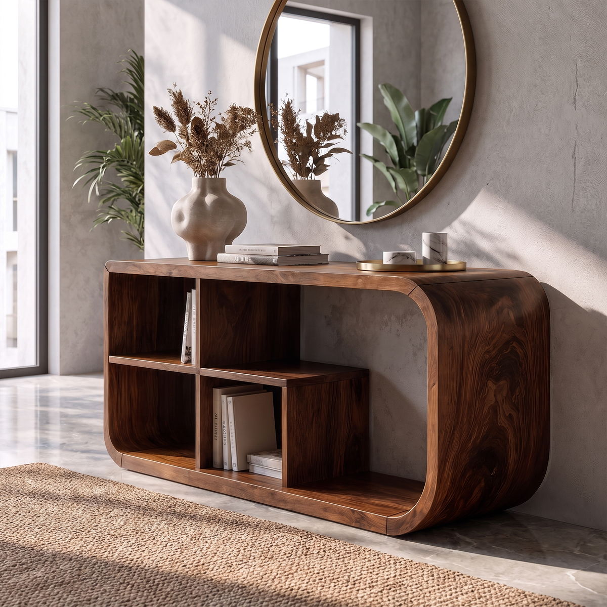 Modern Organic Console Table Sculptural Curved Design Open Storage For Entryway Living Room