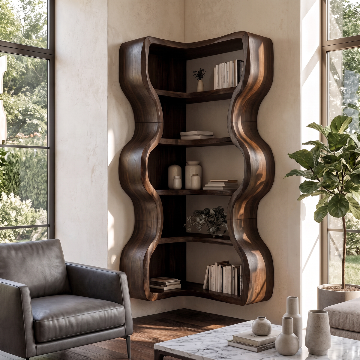 Statement Bookshelf Handcrafted Wavy Design For Living Room