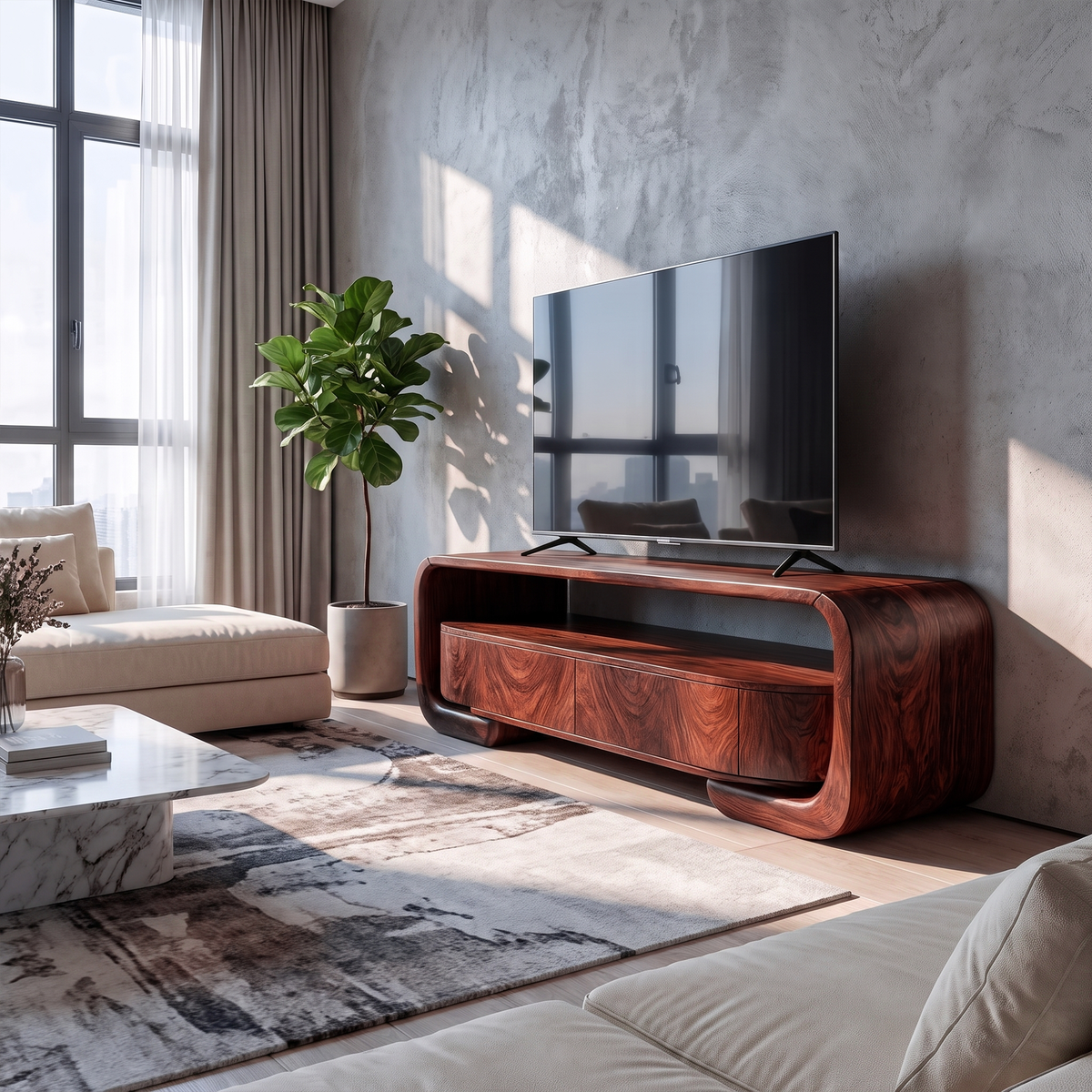 Organic Entertainment Center With Sculptural Live Edge Design For Living Room And Media Room