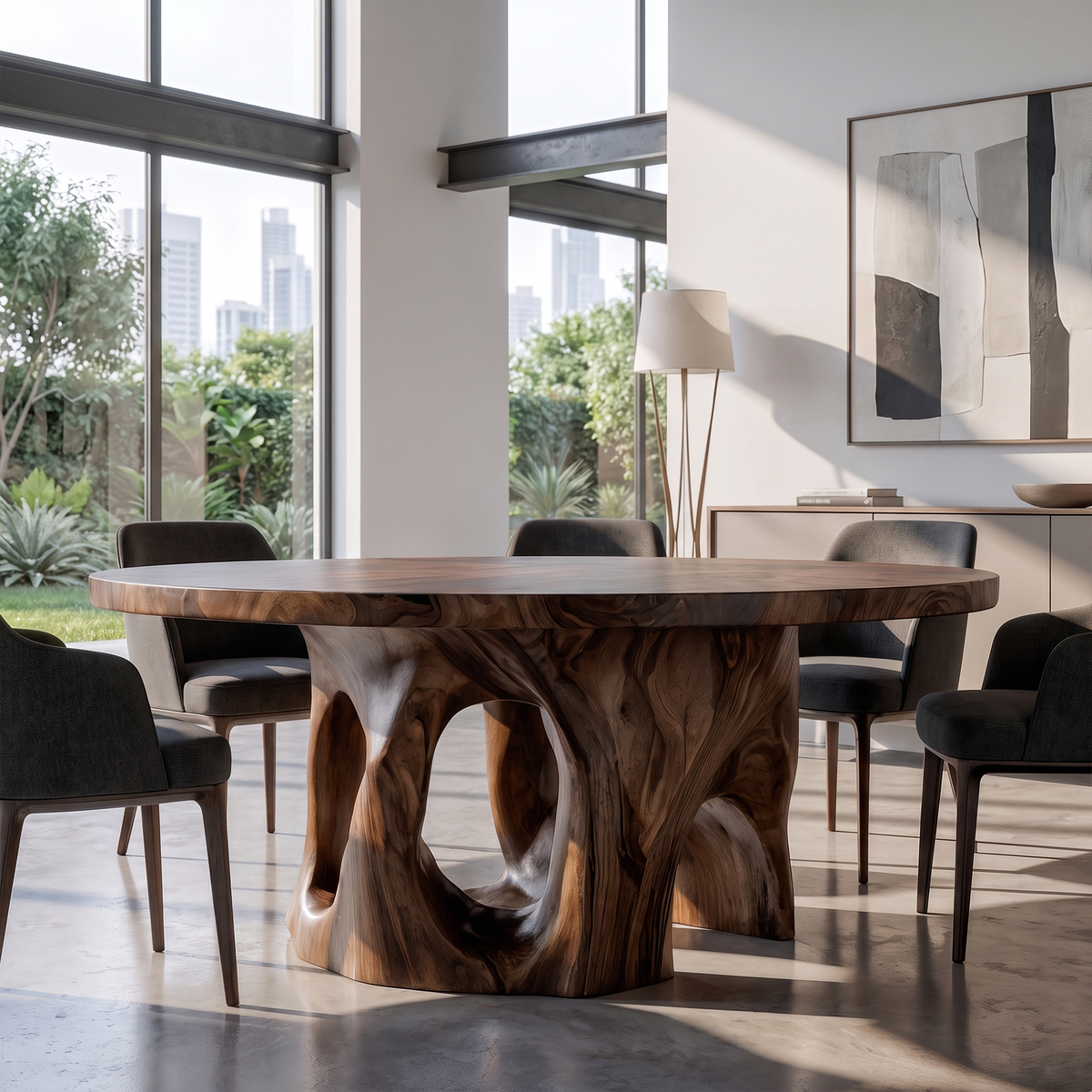 Natural Round Dining Table With Sculptural Tree Branch Form For Dining Room And Breakfast Nook