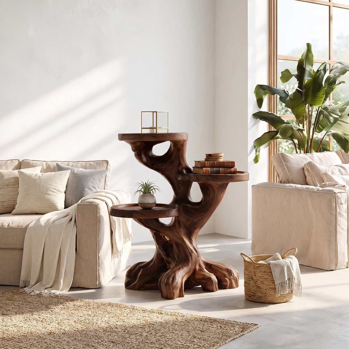 Rustic Indoor Plant Shelf With Tree Root Inspired Design For Living Room And Hallway