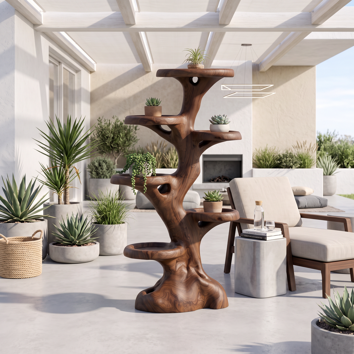 Rustic Multi Tier Plant Stand With Tree Stump Design For Patio And Sunroom