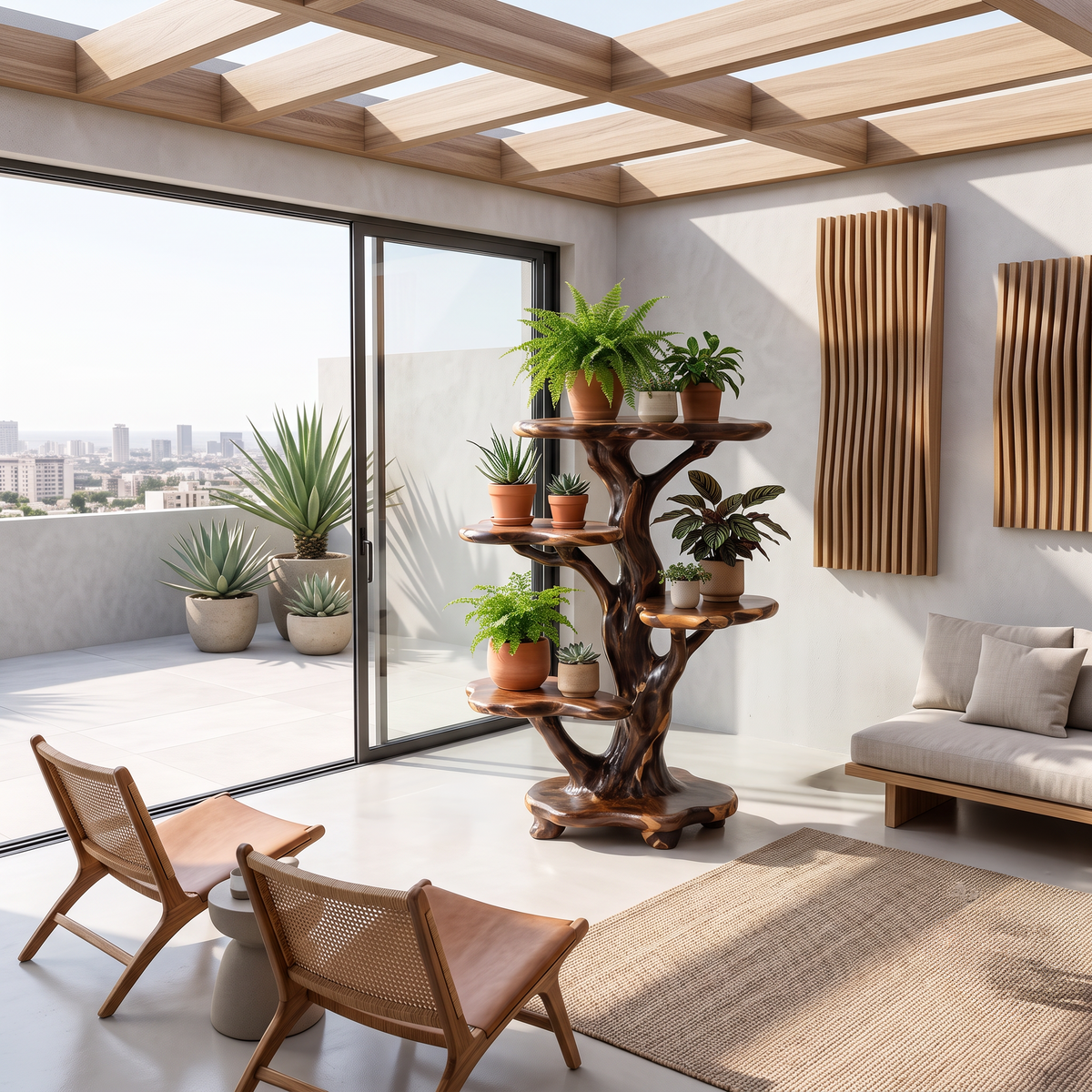 Natural Tree Plant Stand With Tiered Branch Shelves For Living Room And Entryway