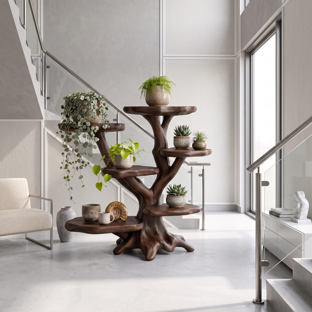 Modern Sculptural Tree Plant Stand Multi Tier Display For Patio Garden