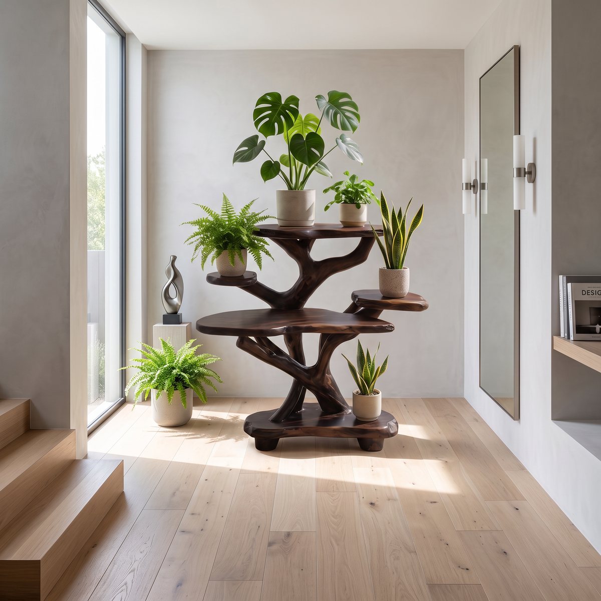Rustic Sculptural Tree Plant Stand Multi Tier Display For Patio Garden