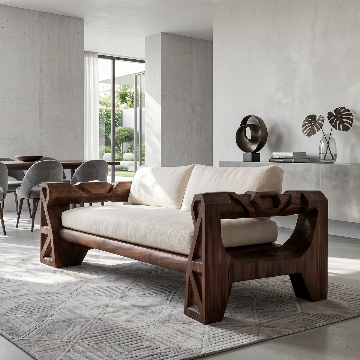 Handcrafted Sofa Frame With Sculptural Wood Armrests For Living Room