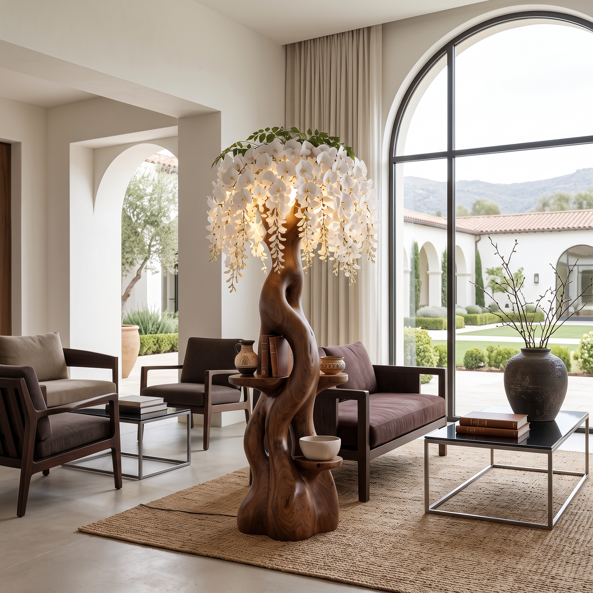 Rustic Wooden Floor Lamp With Sculptural Floral Canopy For Living Room