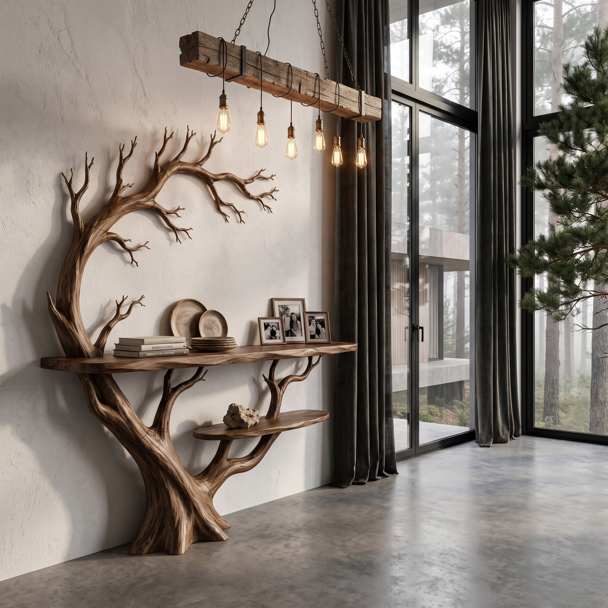Organic Console Table With Tree Branch Shelf Design For Entryway And Living Room