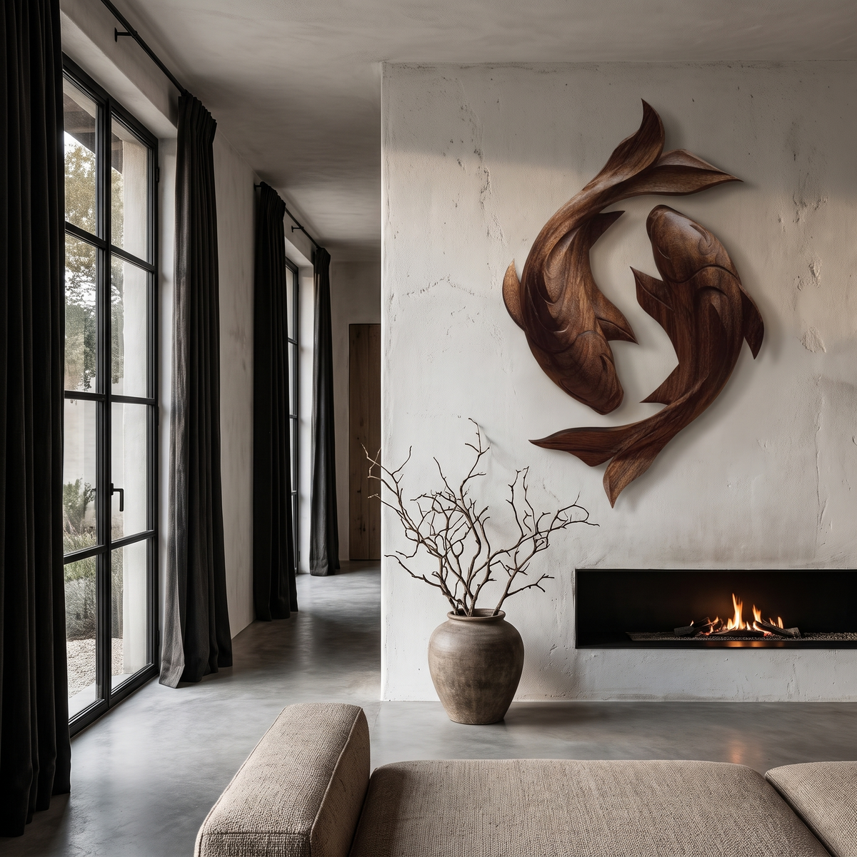 Contemporary Wood Wall Sculpture With Carved Koi Fish Design For Living Room And Office
