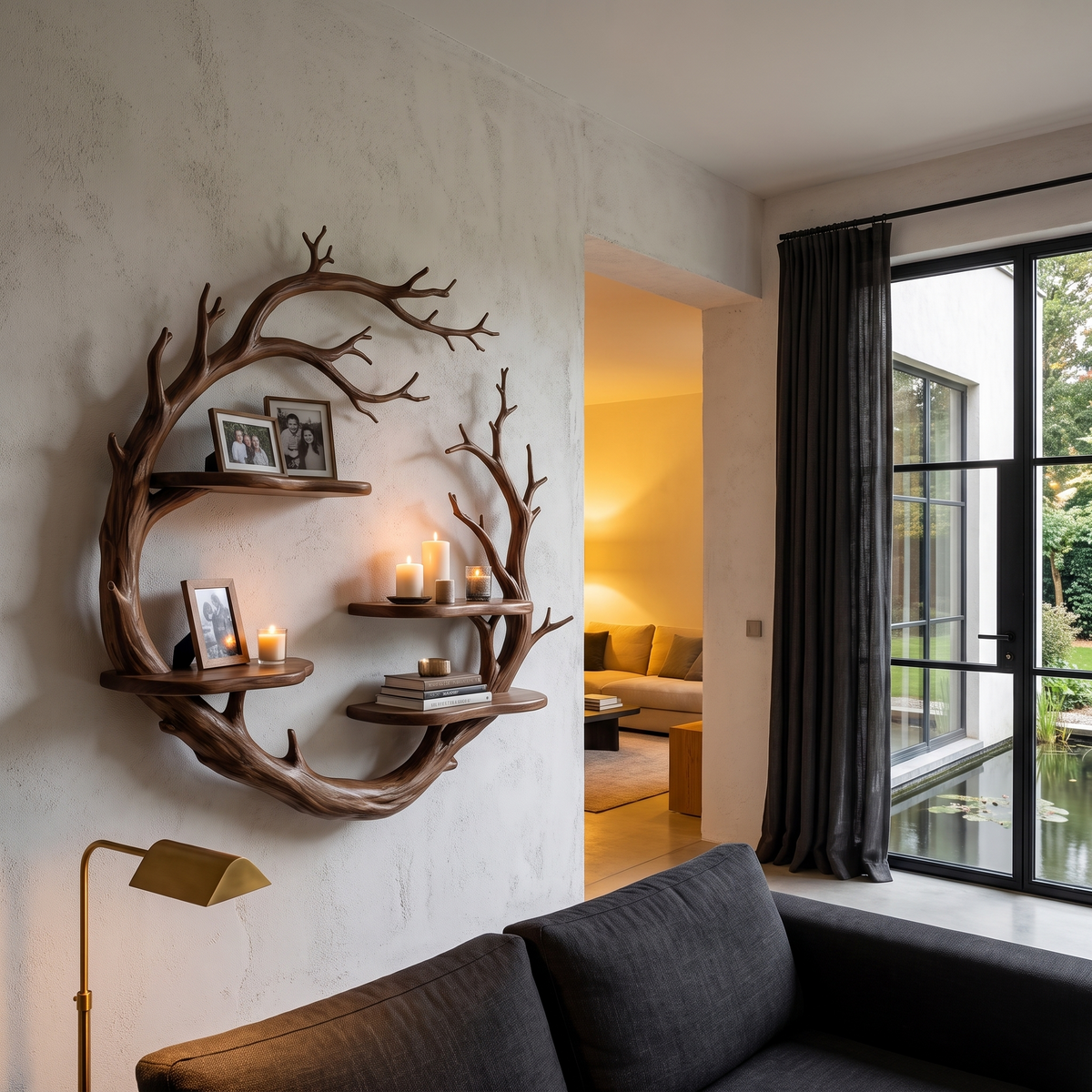 Contemporary Floating Shelf With Tree Branch Display Design For Living Room And Hallway