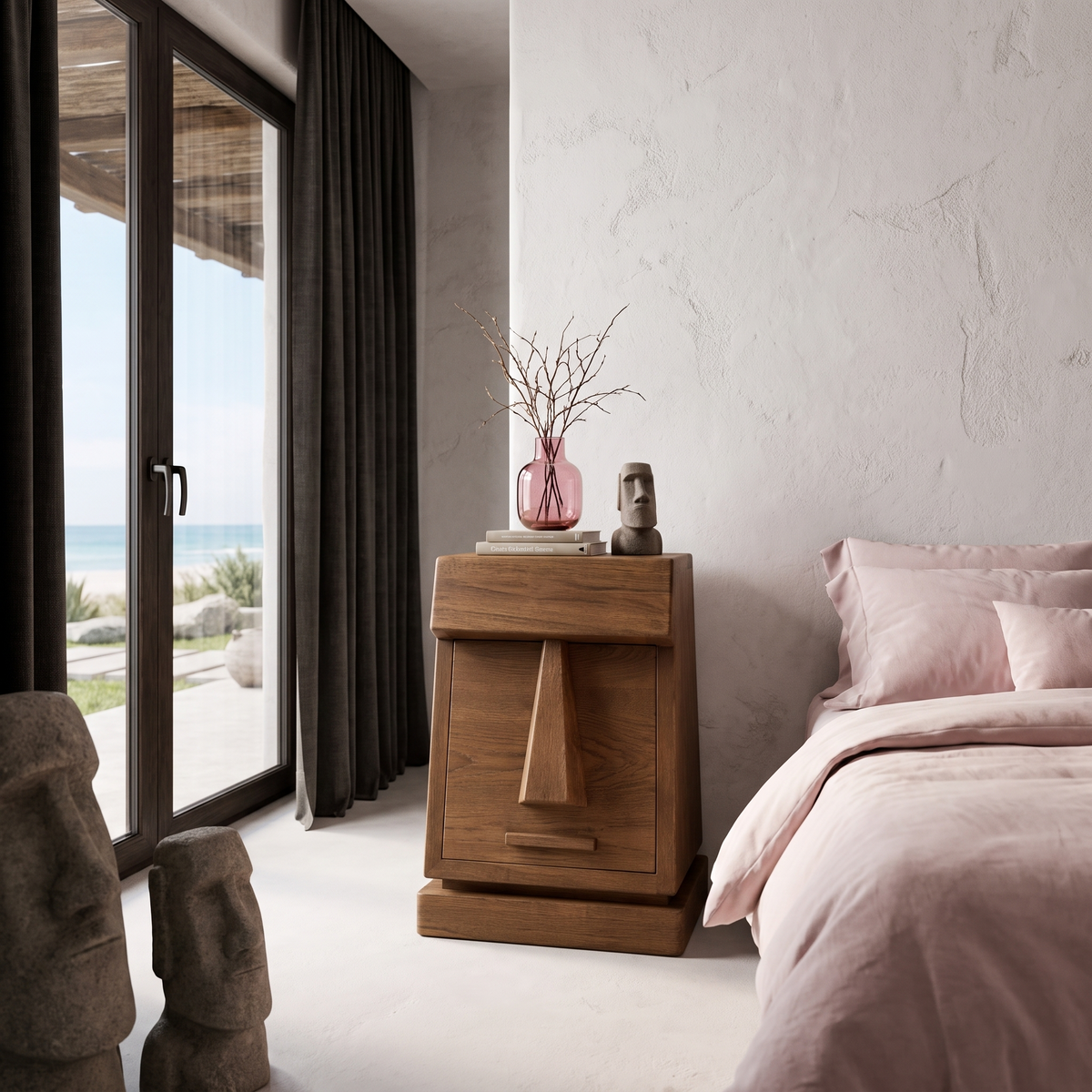Rustic Solid Wood Bedside Table With Geometric Wooden Door