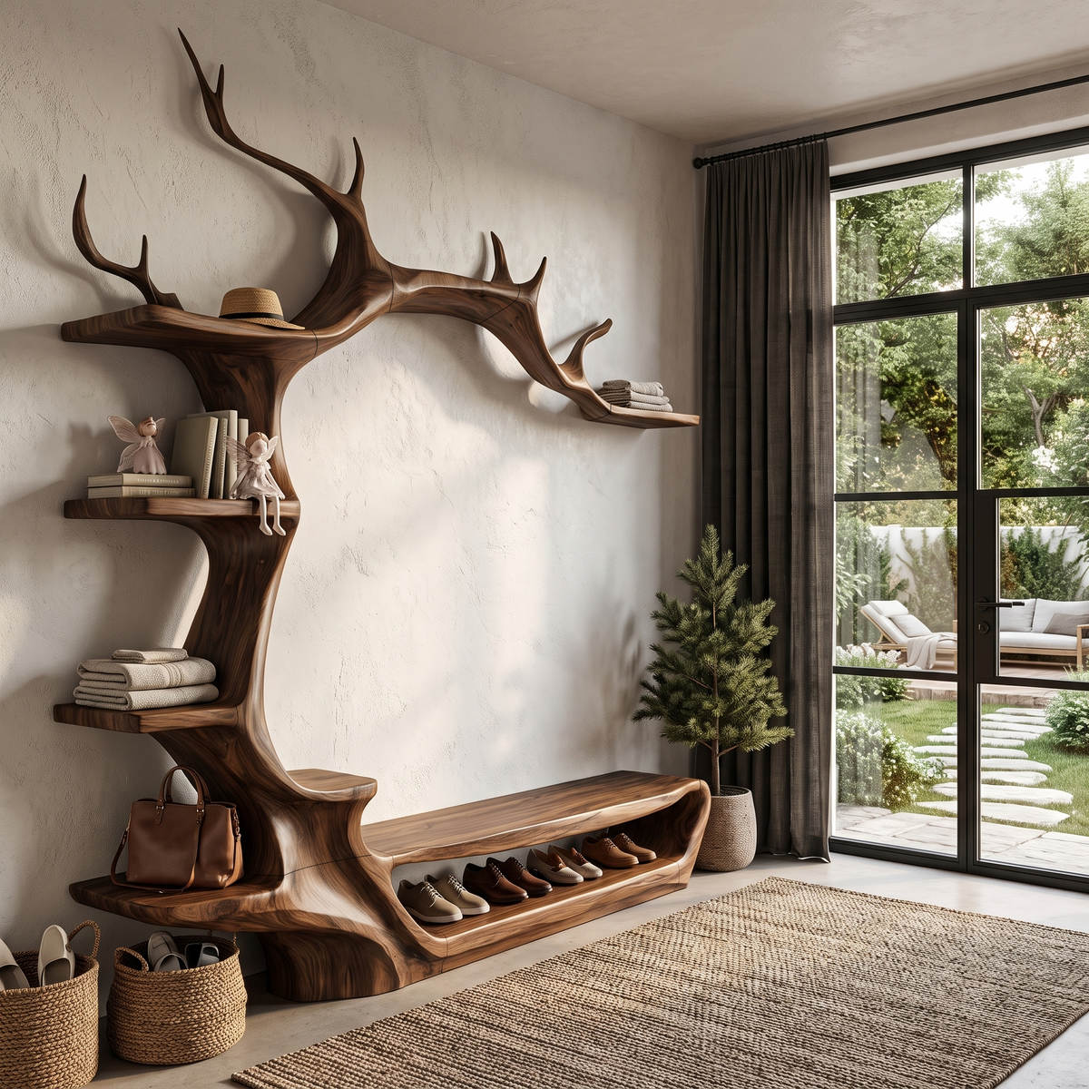 Rustic Tree Shoe Bench Wall Mounted Coat Rack For Entryway Hallway