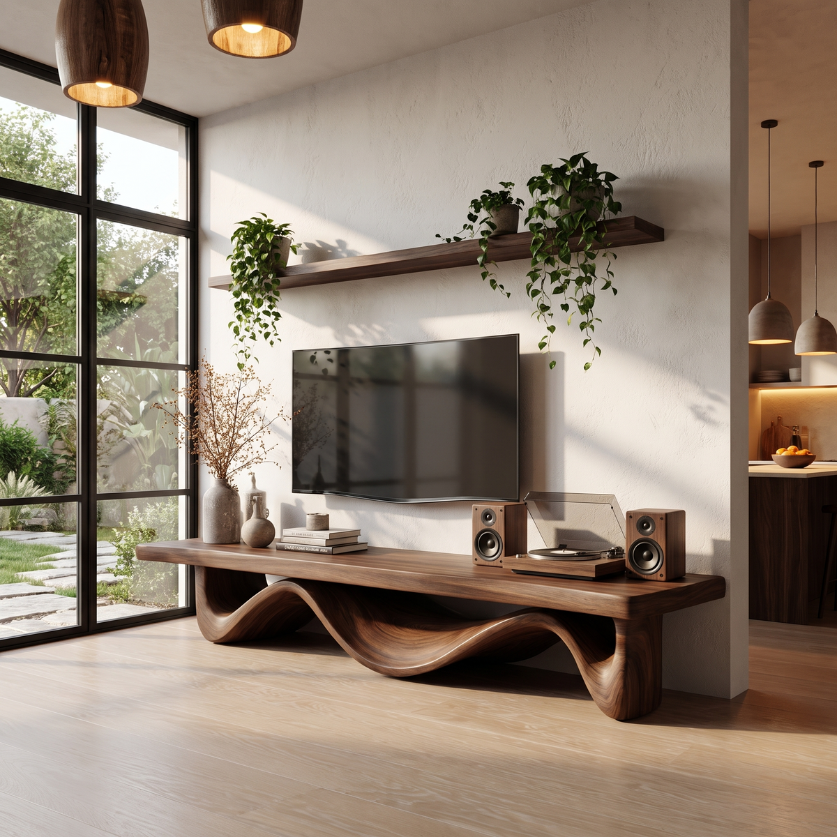 Organic Open Loop TV Cabinet Solid Wood Media Console For Living Room