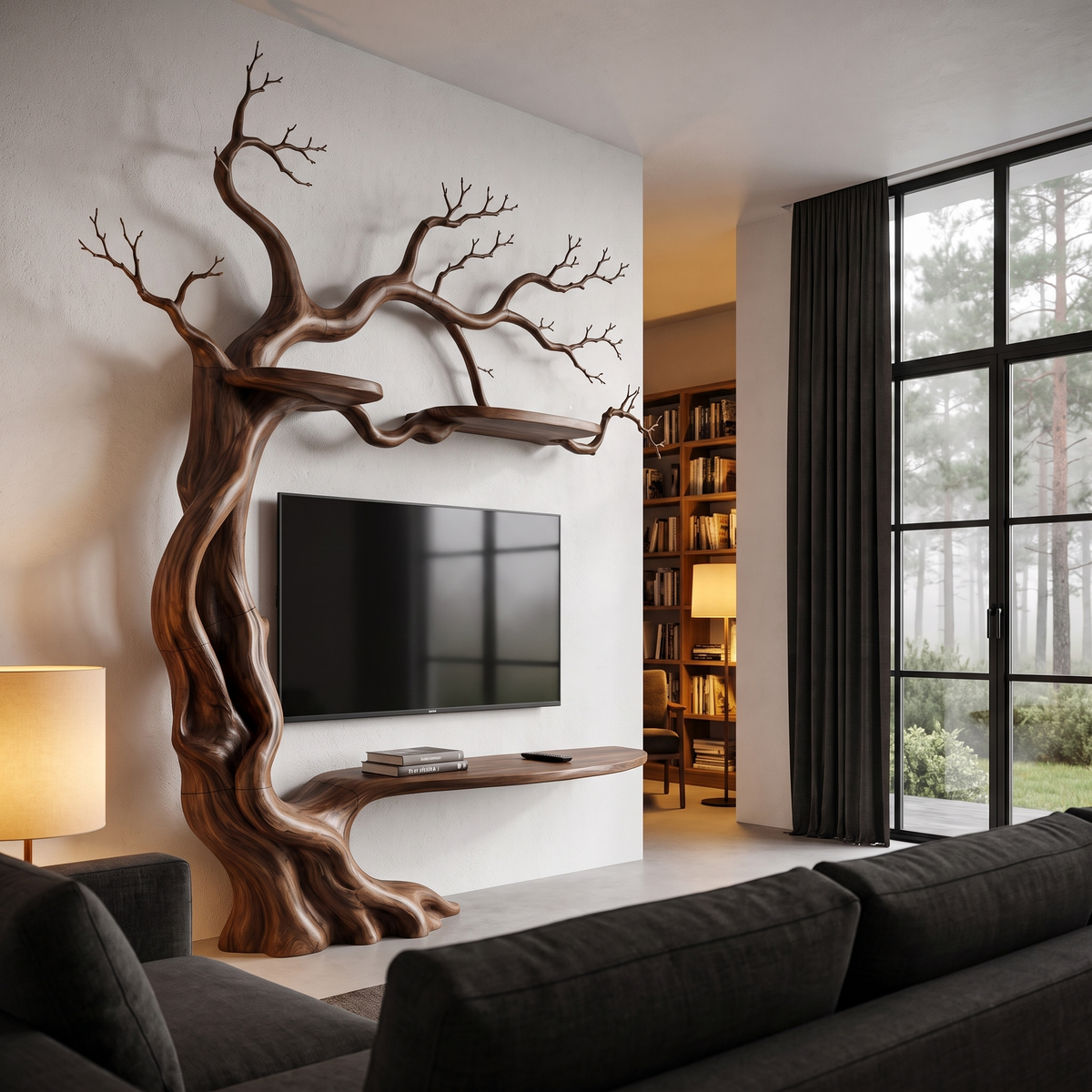 Organic Wall Mounted TV Stand With Sculptural Tree Branch Design For Living Room