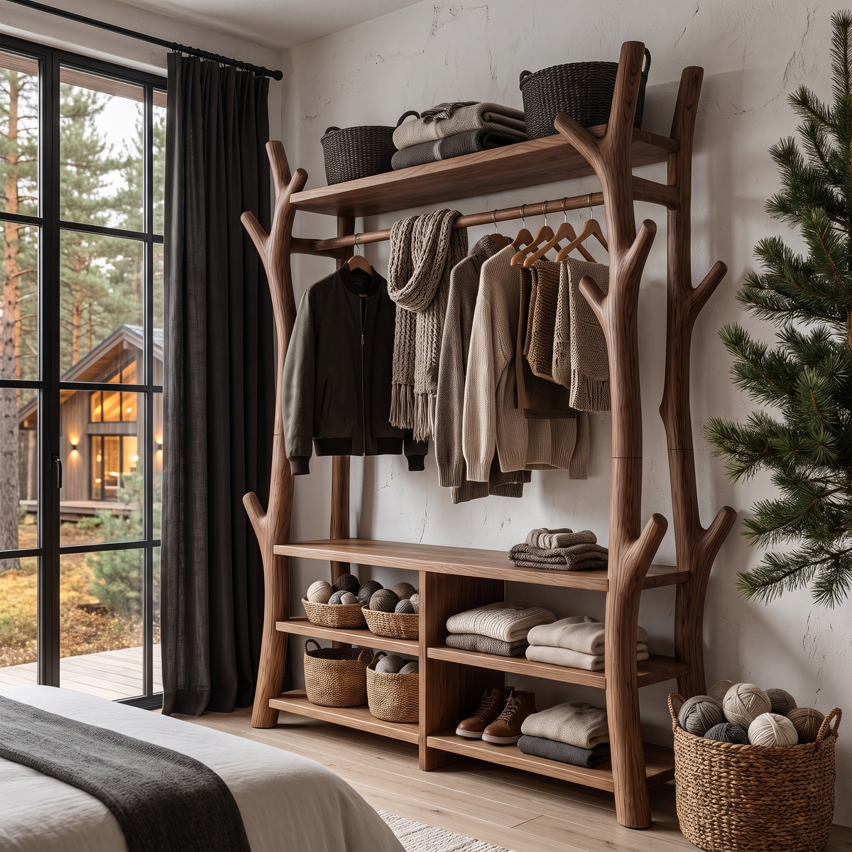 Rustic Tree Coat Rack Shoe Bench Open Storage For Entryway Hallway
