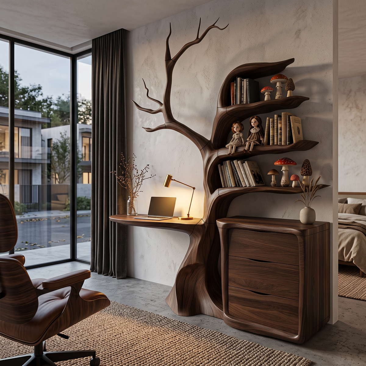 Natural Floating Desk With Sculptural Tree Bookshelf For Home Office
