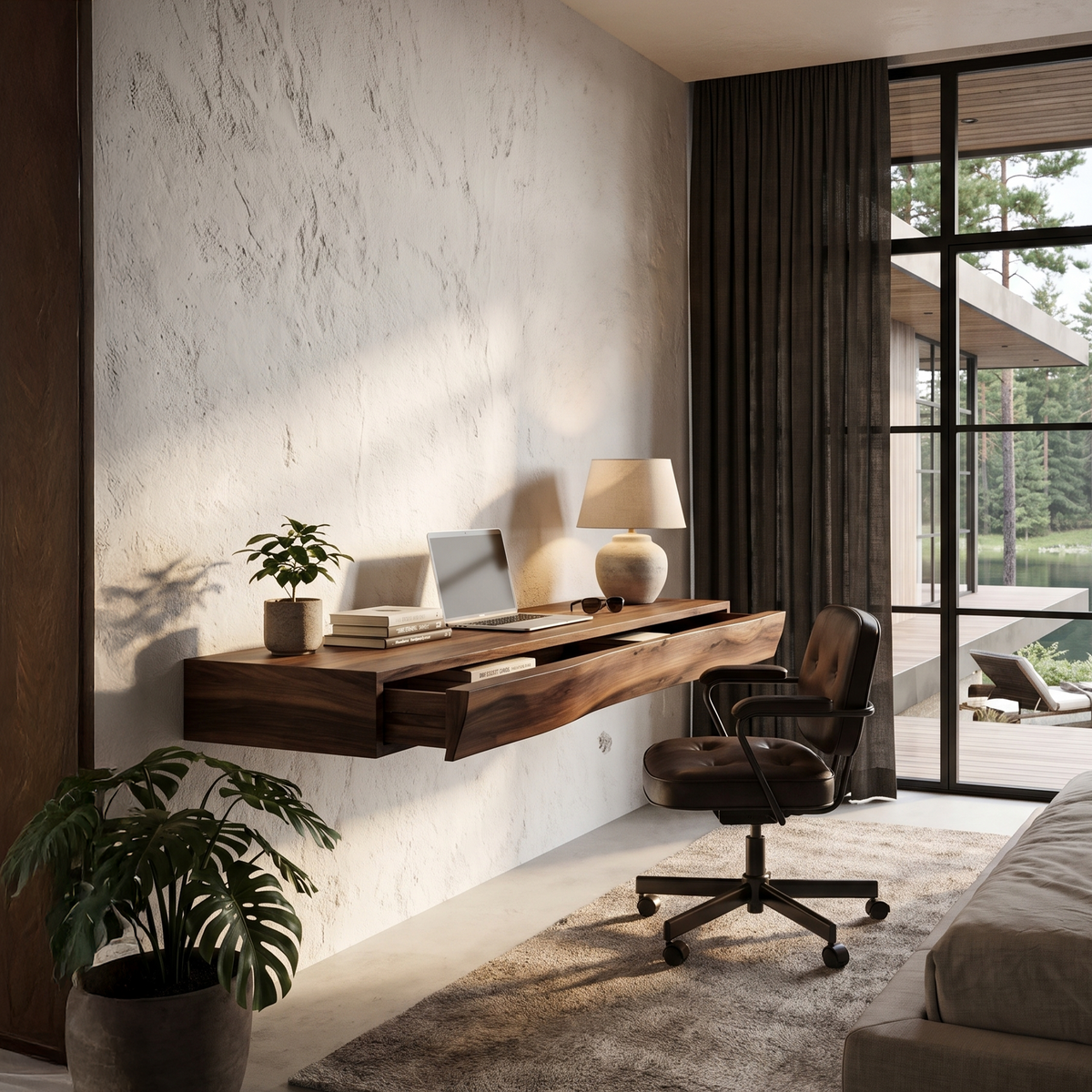 Rustic Floating Desk With Live Edge Design For Home Office And Workspace
