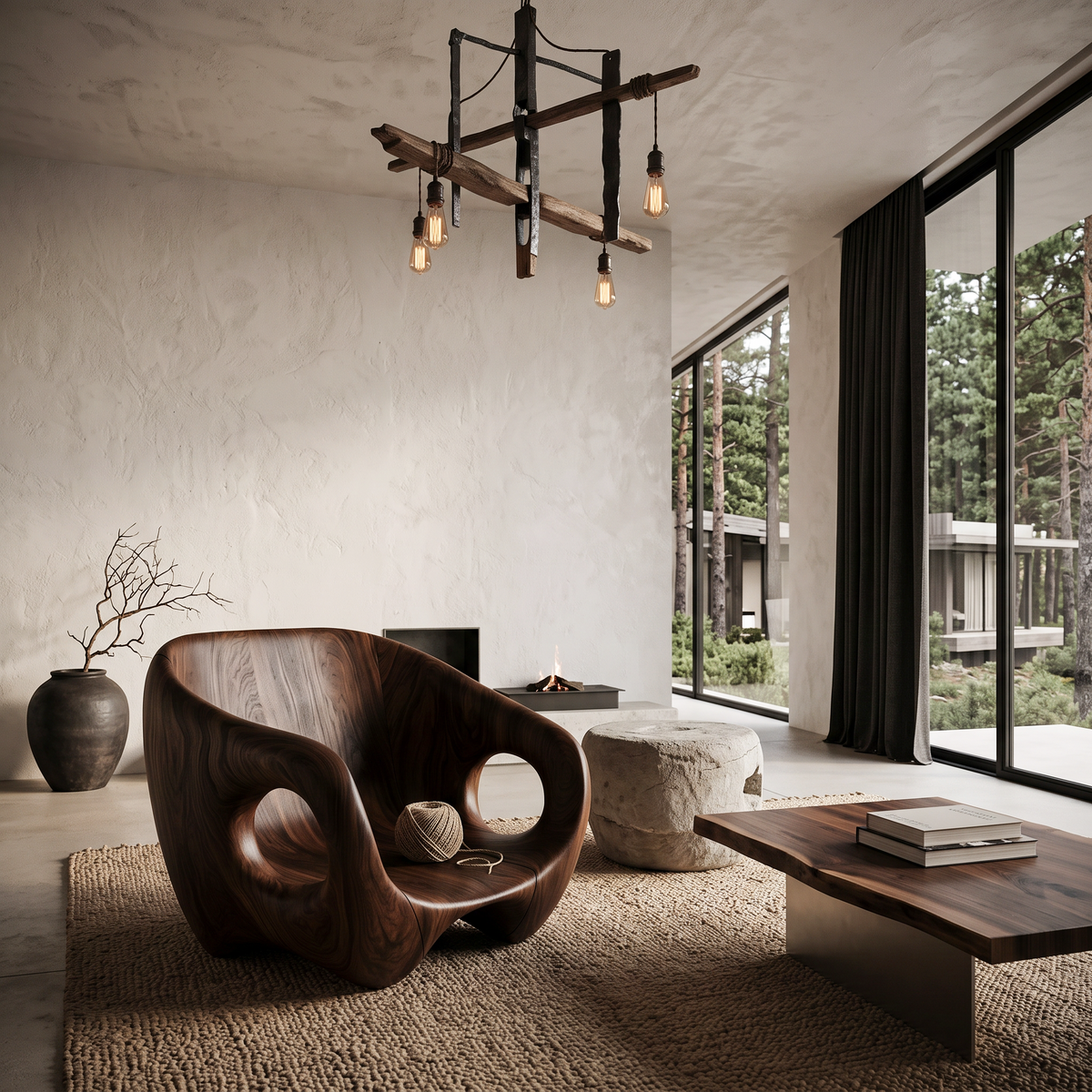 Rustic Wood Lounge Chair With Wraparound Backrest For Reading Nook