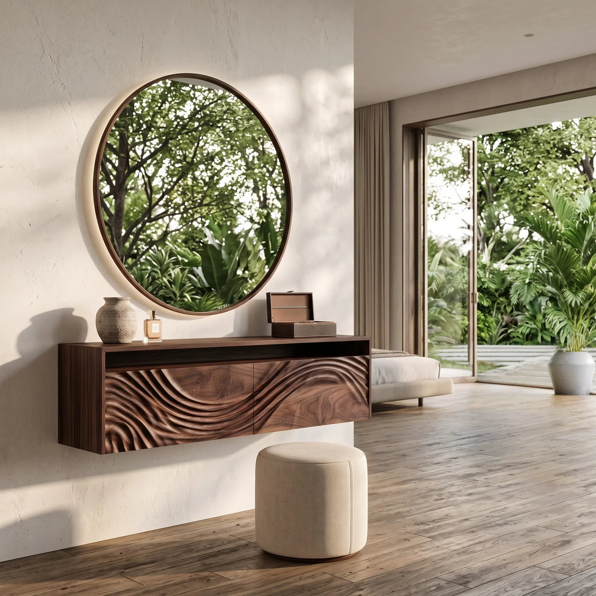 Contemporary Wall Mounted Makeup Vanity Relief Carved Drawers For Bedroom