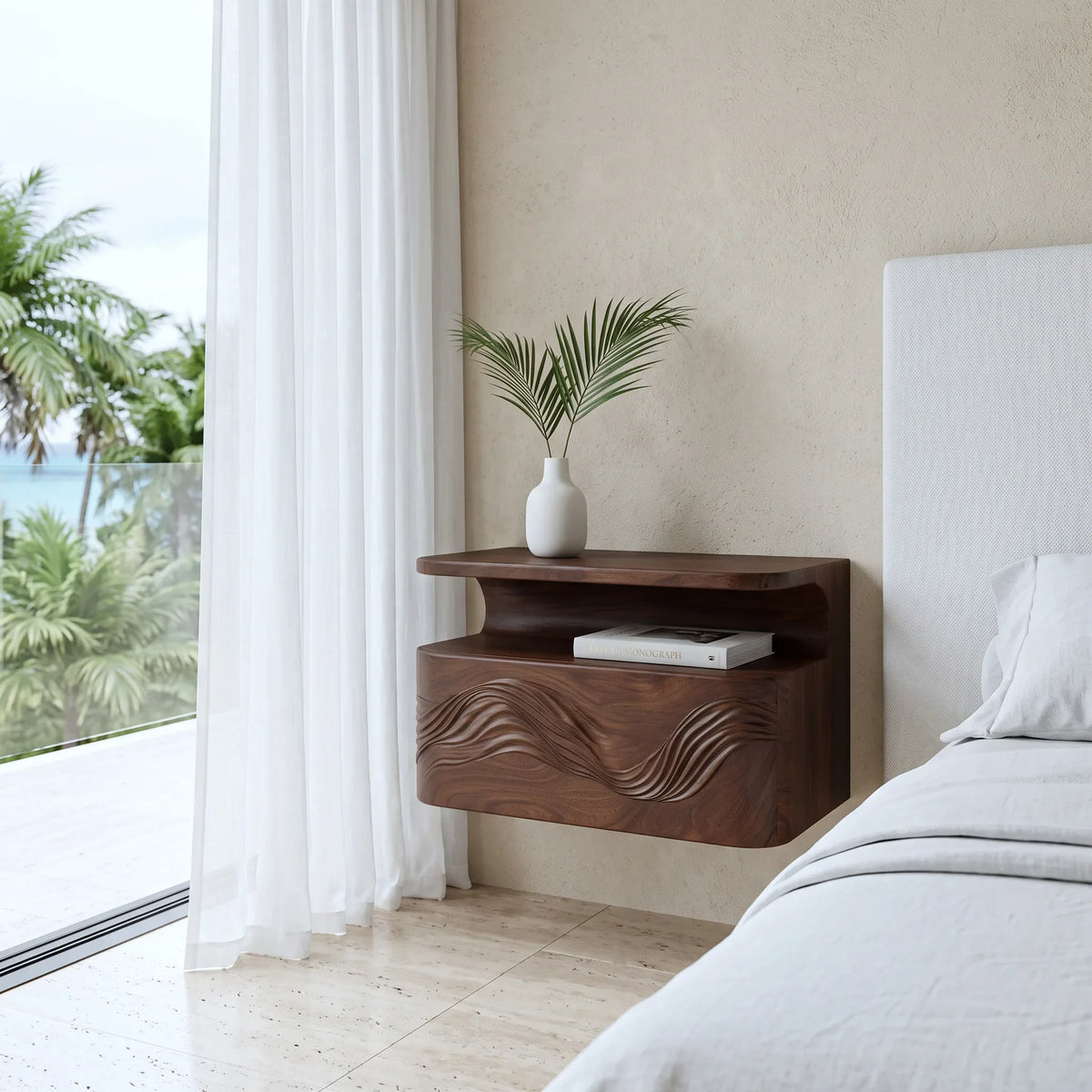 Organic Wave Carved Floating Nightstand For Bedroom