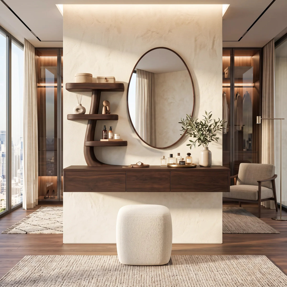 Modern Wall Mounted Makeup Vanity Sculptural Curved Shelving For Bedroom