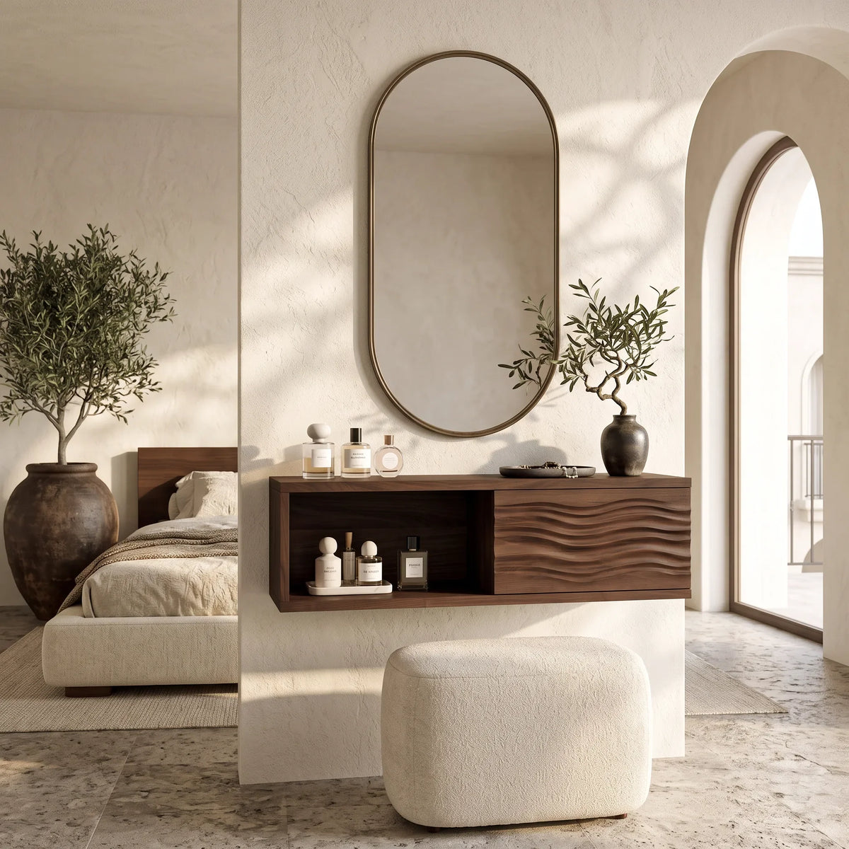 Modern Floating Makeup Vanity Ripple Carved Drawer Front For Bedroom