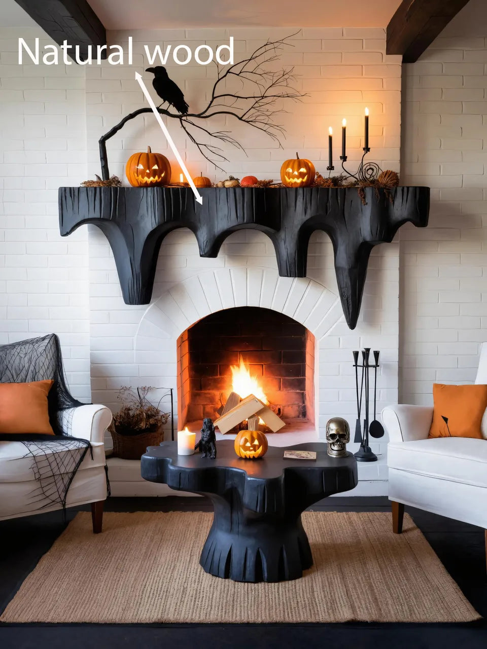 Rustic Black Wooden Halloween Fireplace Mantel With Dripping Edge For Home Decor
