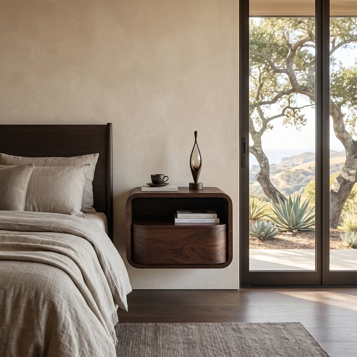 Modern Curved Open Shelf Floating Nightstand For Bedroom