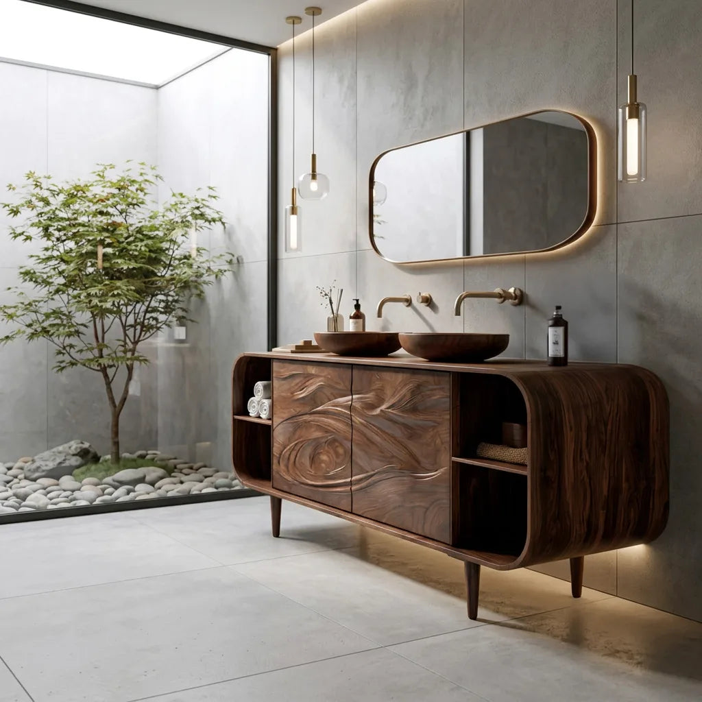 Mediterranean Sculptural Carved Bathroom Vanity For Master Bathroom
