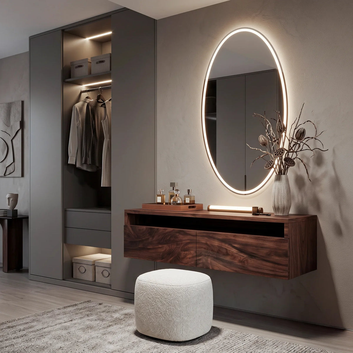 Modern Floating Makeup Vanity Layered Wavy Carved Drawers For Bedroom
