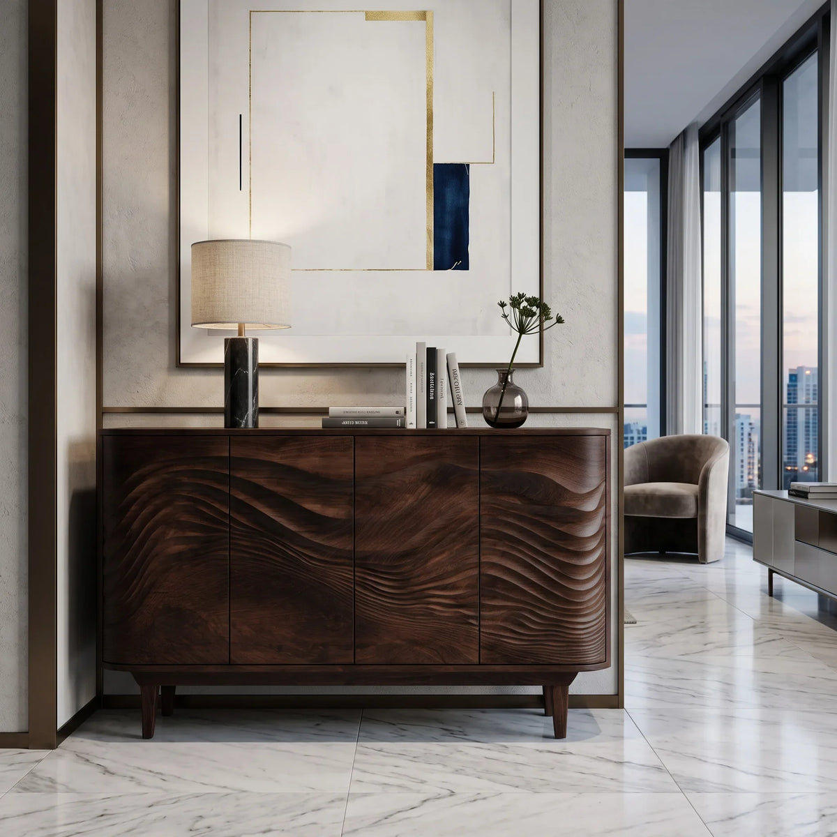 Modern Layered Wave Carved Sideboard For Living Room
