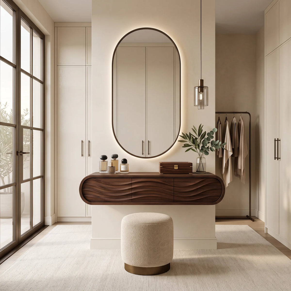 Organic Wall Mounted Makeup Vanity Carved Ribbed Drawers For Bedroom